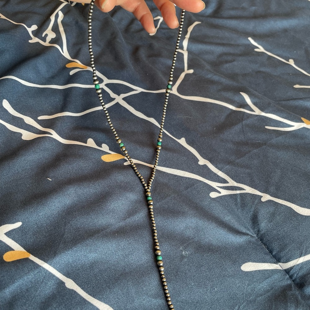 Sterling Silver Navajo pearl style 3-5mm Lariat w/turquoise pearl accents. - Picture 3 of 9